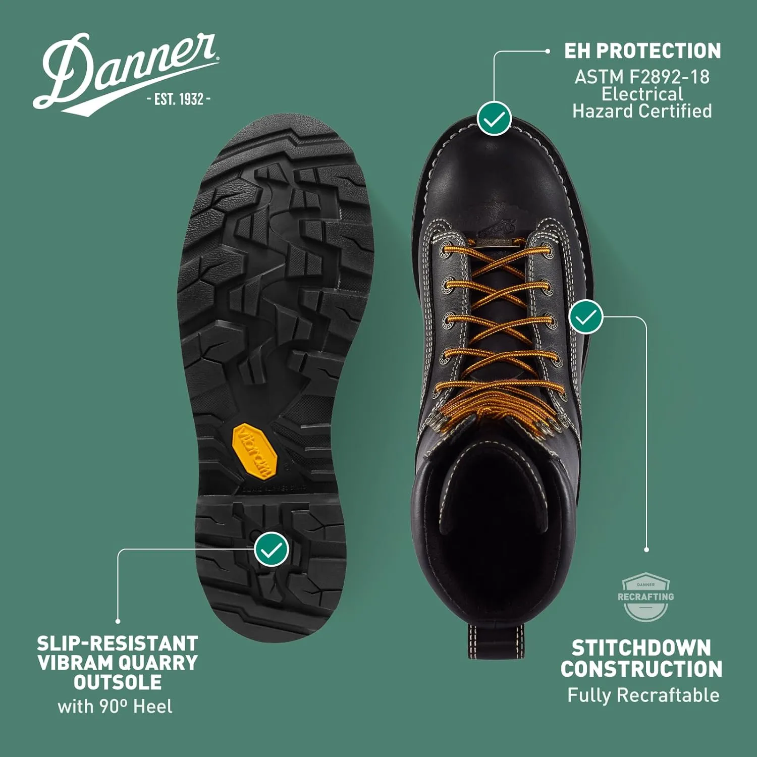 Danner 8” Quarry USA Waterproof Work Boots for Men - Full-Grain Leather with Gore-Tex, 3-Density Cushion Footbed & Traction Heel Outsole, EH Resistant