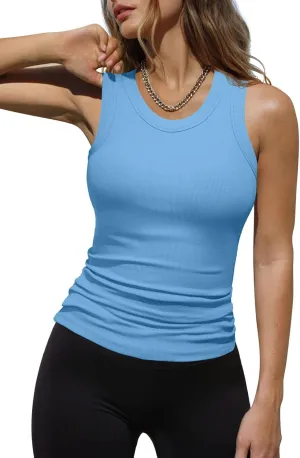 Dokotoo Womens Ladies Ribbed Thick Strap Racerback Tight Slim Fitted Sporty Workout Tank Tops
