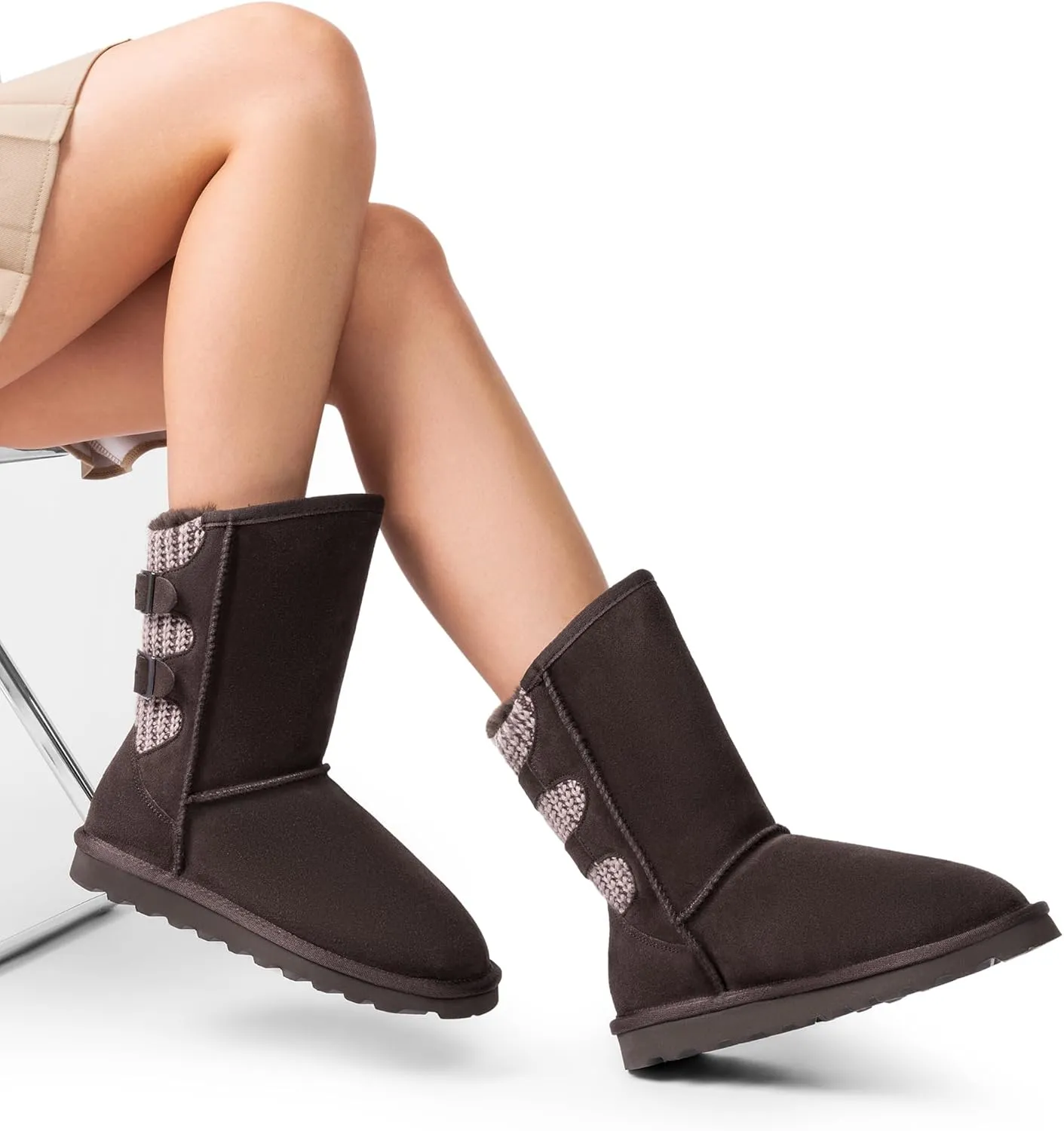 DREAM PAIRS Women's Mid Calf Winter Snow Boots Fashion FuzzyChic Buckle Booties