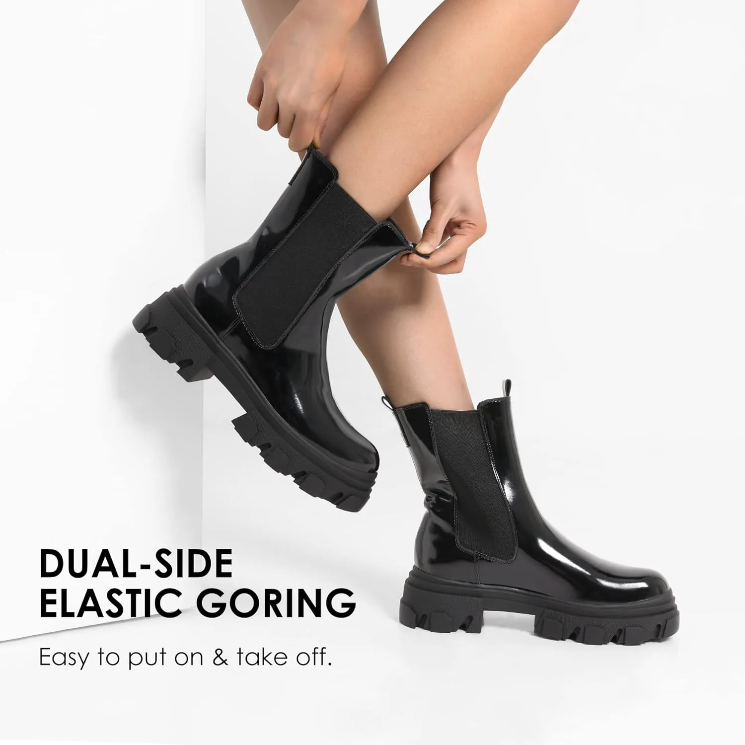 DREAM PAIRS Women's Platform Chelsea Boots Lug Sole Combat Mid Calf Slip On Chunky Ankle Booties