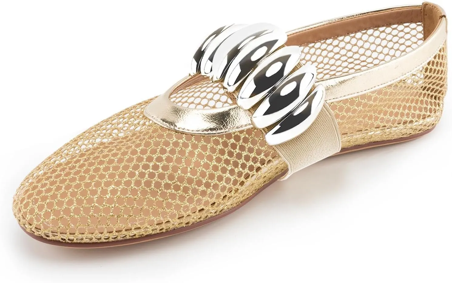 DREAMCIA Mesh Ballet Flats for Women Buckle Strap Ballerina Fishnet Shoes Slip-on Round Toe Jewel Mary Jane Flats Comfy Daily Dress Shoes