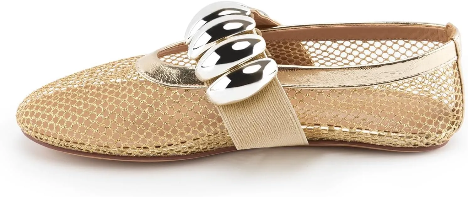 DREAMCIA Mesh Ballet Flats for Women Buckle Strap Ballerina Fishnet Shoes Slip-on Round Toe Jewel Mary Jane Flats Comfy Daily Dress Shoes