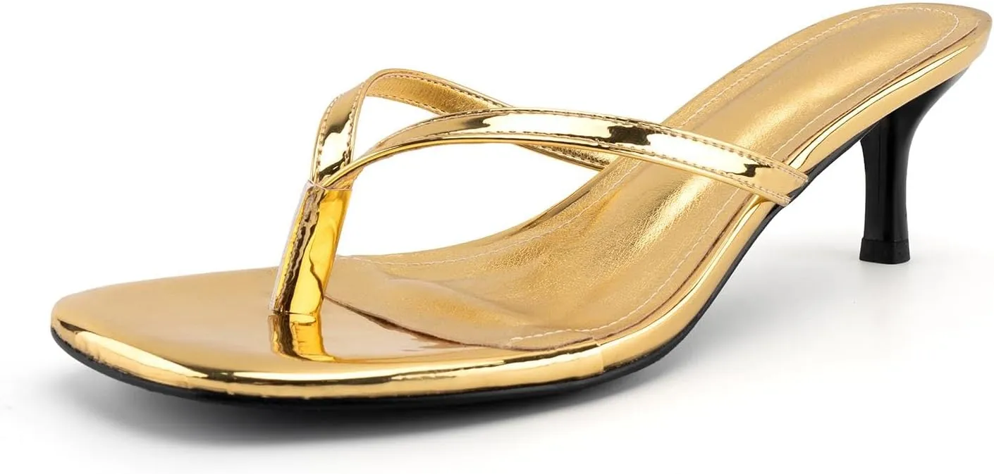 DREAMCIA Square Toe Thong Heeled Sandals Stiletto Slip On Kitten Slingback Flip Flop Heels Slides Summer