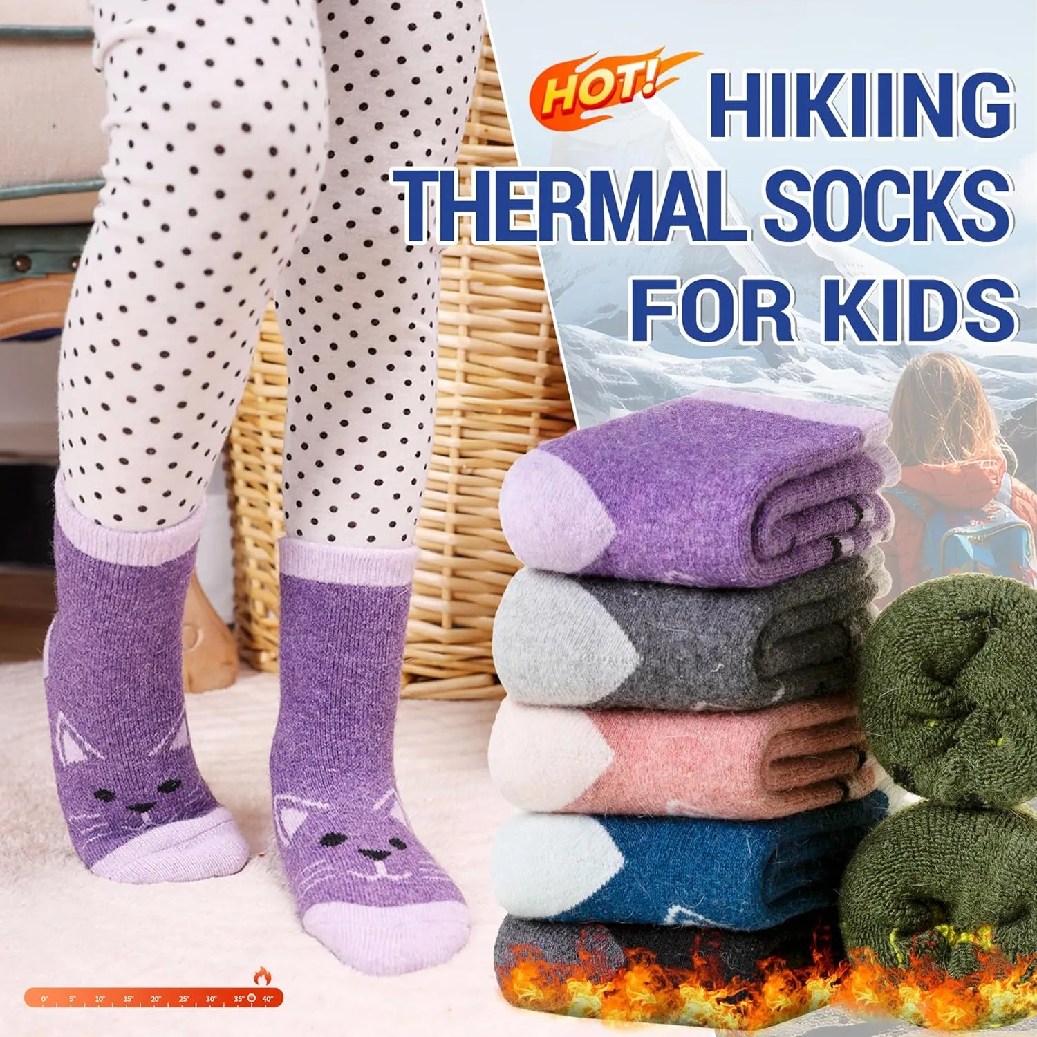 Eocom Kids Wool Socks For Boys Girls Warm Hiking Thermal Winter Cozy Soft Thick Toddlers Crew Boot Socks 6 Pairs