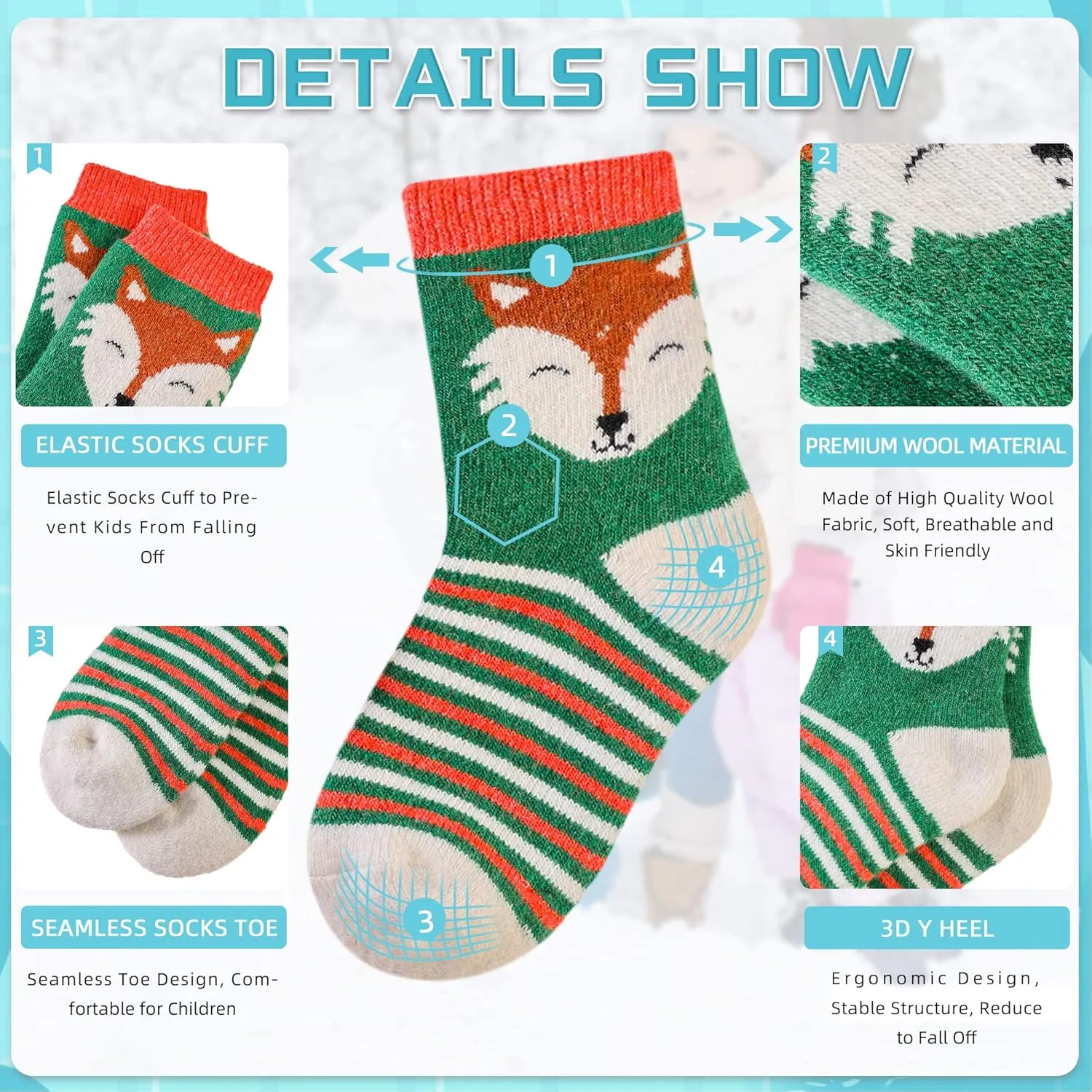 Eocom Kids Wool Socks For Boys Girls Warm Hiking Thermal Winter Cozy Soft Thick Toddlers Crew Boot Socks 6 Pairs