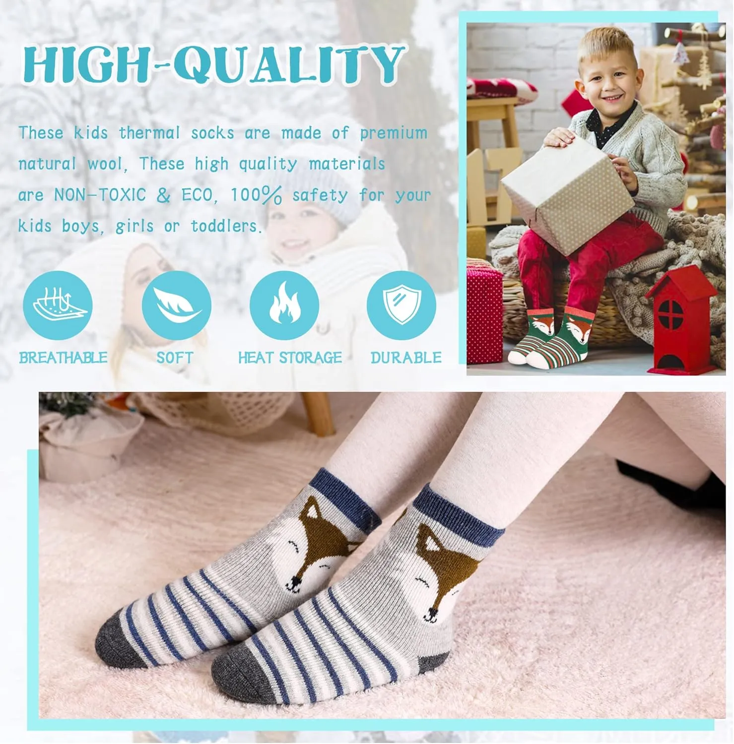 Eocom Kids Wool Socks For Boys Girls Warm Hiking Thermal Winter Cozy Soft Thick Toddlers Crew Boot Socks 6 Pairs