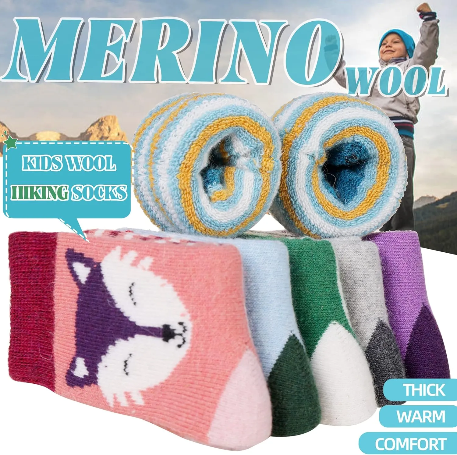 Eocom Kids Wool Socks For Boys Girls Warm Hiking Thermal Winter Cozy Soft Thick Toddlers Crew Boot Socks 6 Pairs