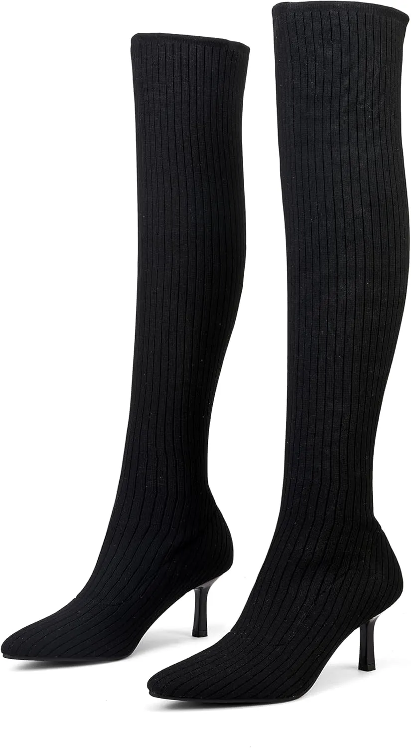 ErikenUrben Women Over The Knee Knit Boots High Heel Thigh High Socks Boots Pointed Toe