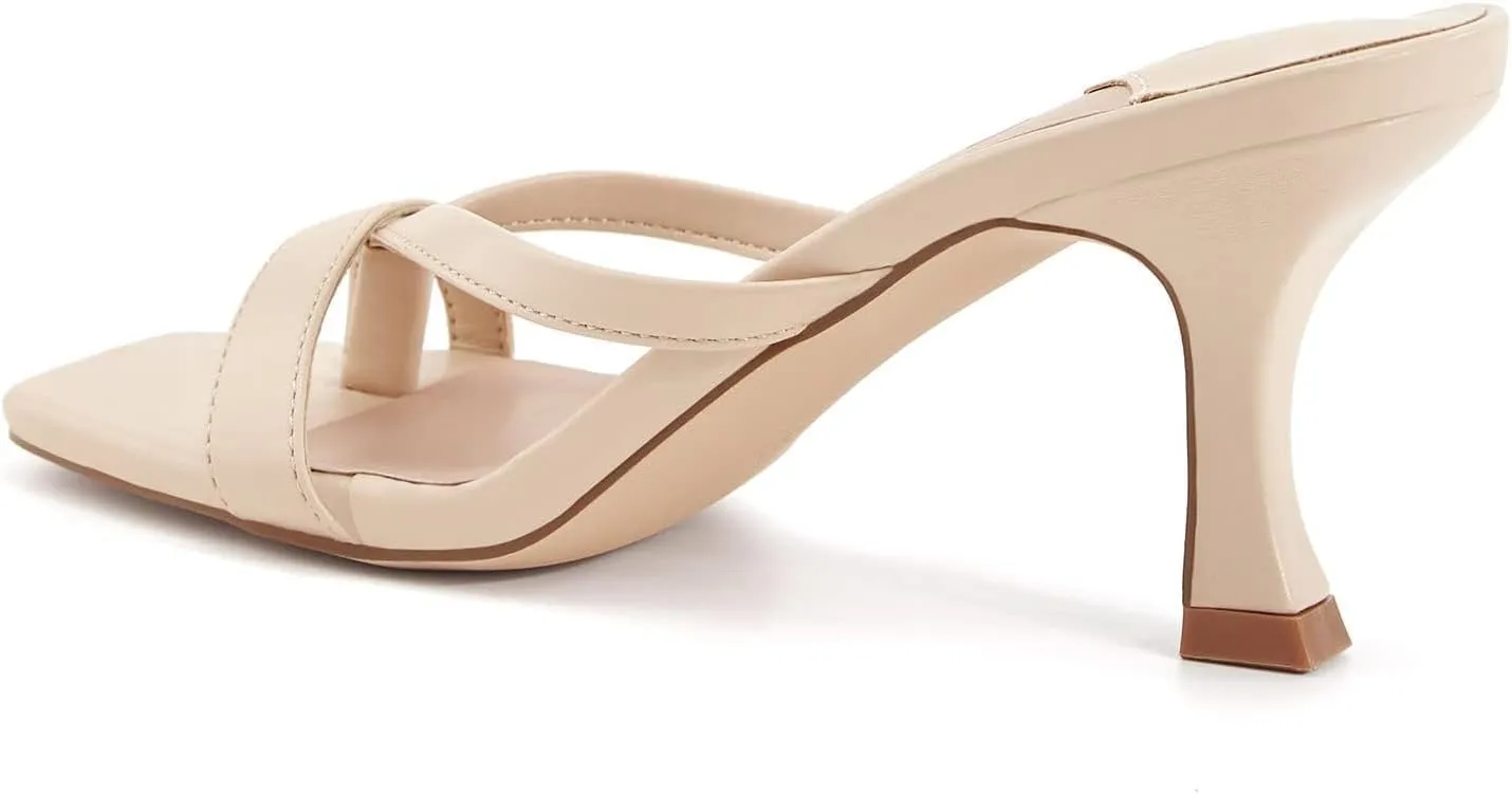 Ermonn Womens Square Open Toe Heels Sandals Slides Thong Stiletto Backless Slip on Slippers Shoes