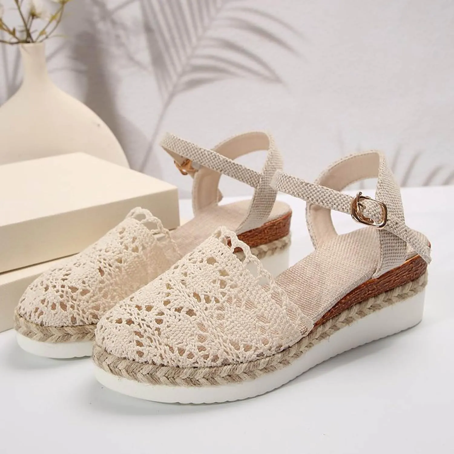 Espadrilles Platform Wedge Sandals Women Closed Toe Buckle Ankle Strap Wedge Sandals Summer Dress Shoes Arch Support Comfort Boho Beach Sandals