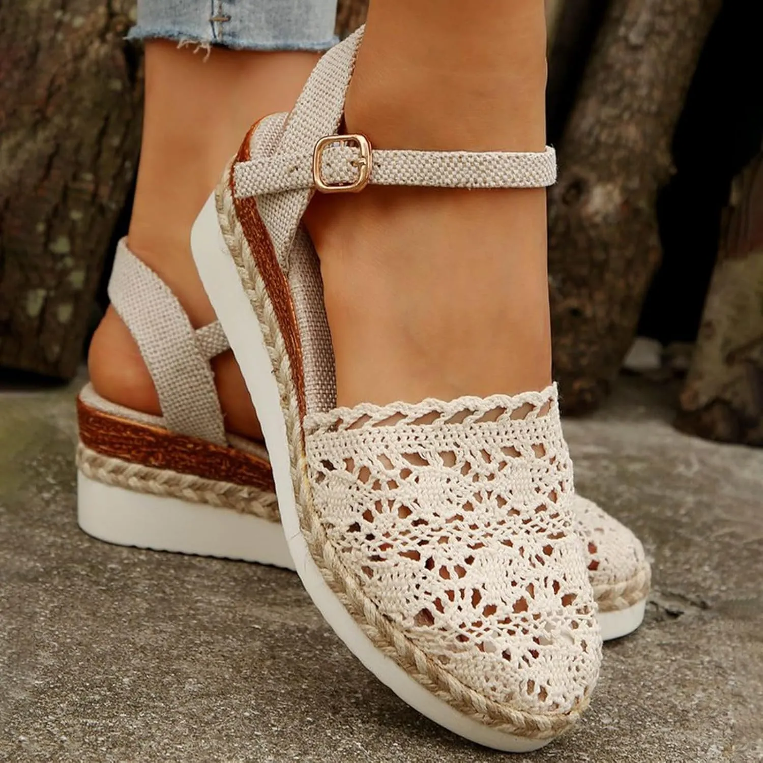 Espadrilles Platform Wedge Sandals Women Closed Toe Buckle Ankle Strap Wedge Sandals Summer Dress Shoes Arch Support Comfort Boho Beach Sandals