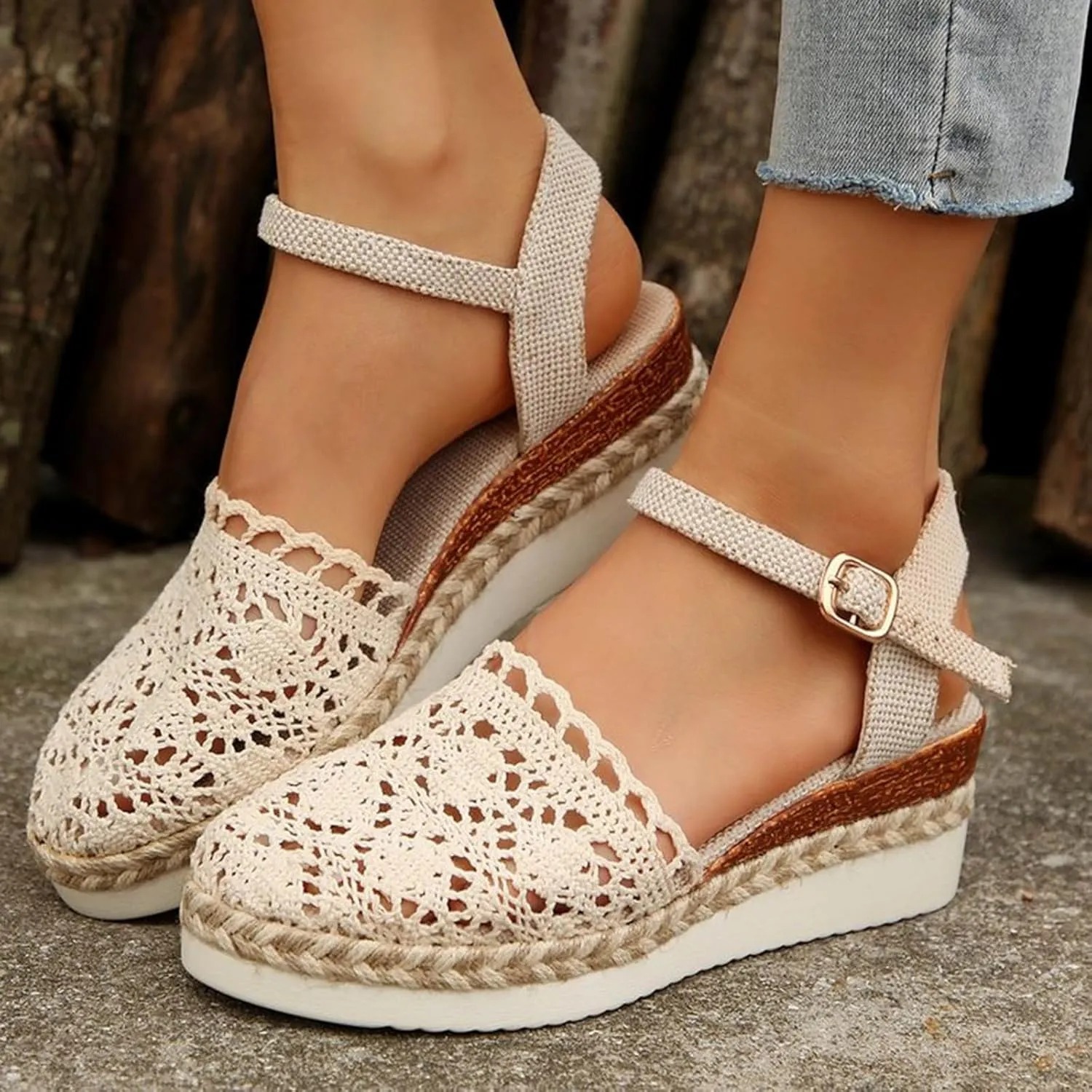 Espadrilles Platform Wedge Sandals Women Closed Toe Buckle Ankle Strap Wedge Sandals Summer Dress Shoes Arch Support Comfort Boho Beach Sandals
