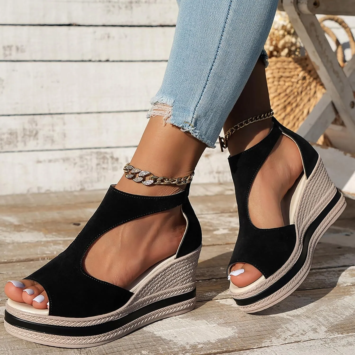 Espadrilles Woven Strap Platform Wedge Sandals for Women 2025 Bohemian Fish Mouth Hollow Out Back Zipper Summer Fashion Casual Sandals Non Slip Block Color Boho Walking Shoes