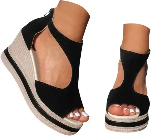 Espadrilles Woven Strap Platform Wedge Sandals for Women 2025 Bohemian Fish Mouth Hollow Out Back Zipper Summer Fashion Casual Sandals Non Slip Block Color Boho Walking Shoes