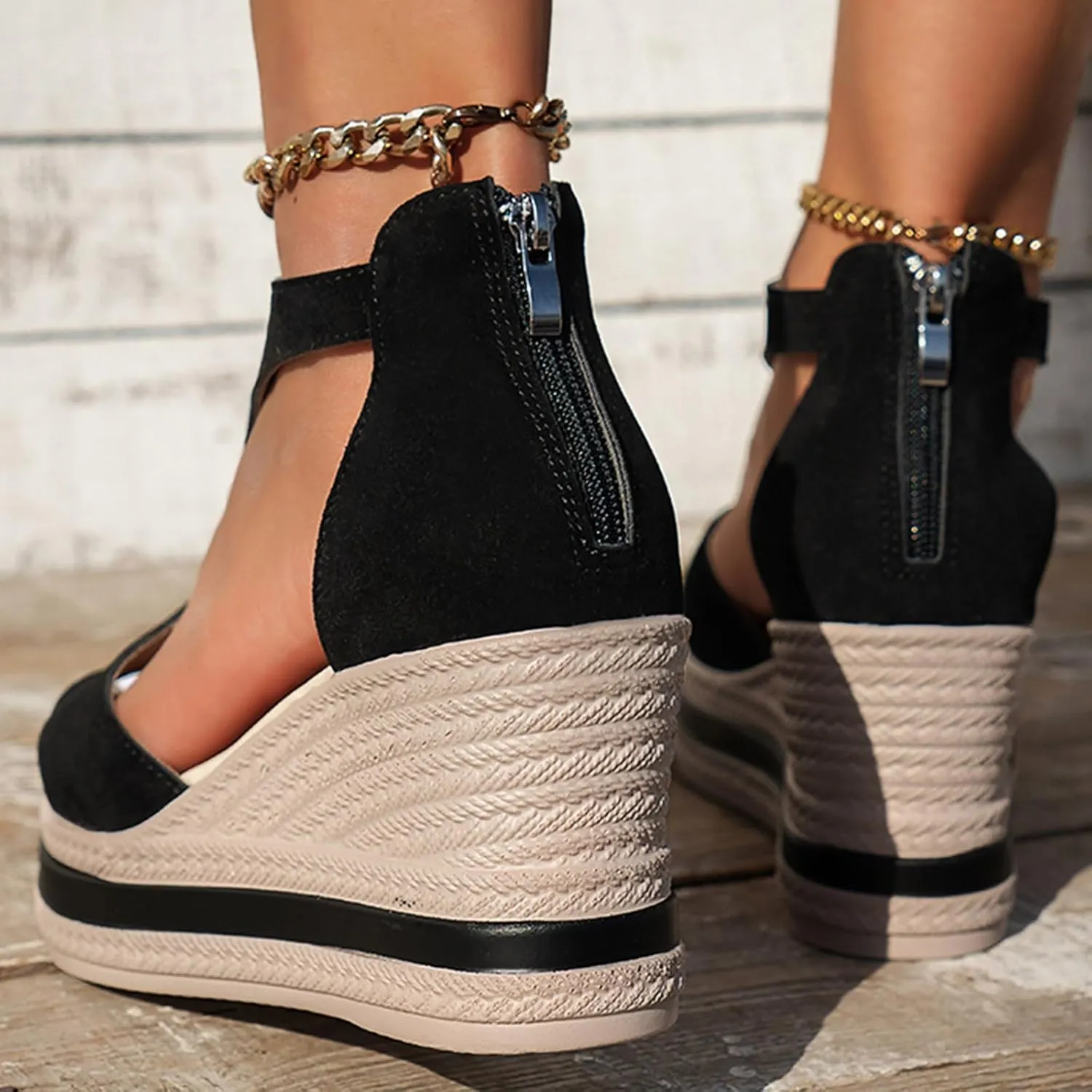Espadrilles Woven Strap Platform Wedge Sandals for Women 2025 Bohemian Fish Mouth Hollow Out Back Zipper Summer Fashion Casual Sandals Non Slip Block Color Boho Walking Shoes