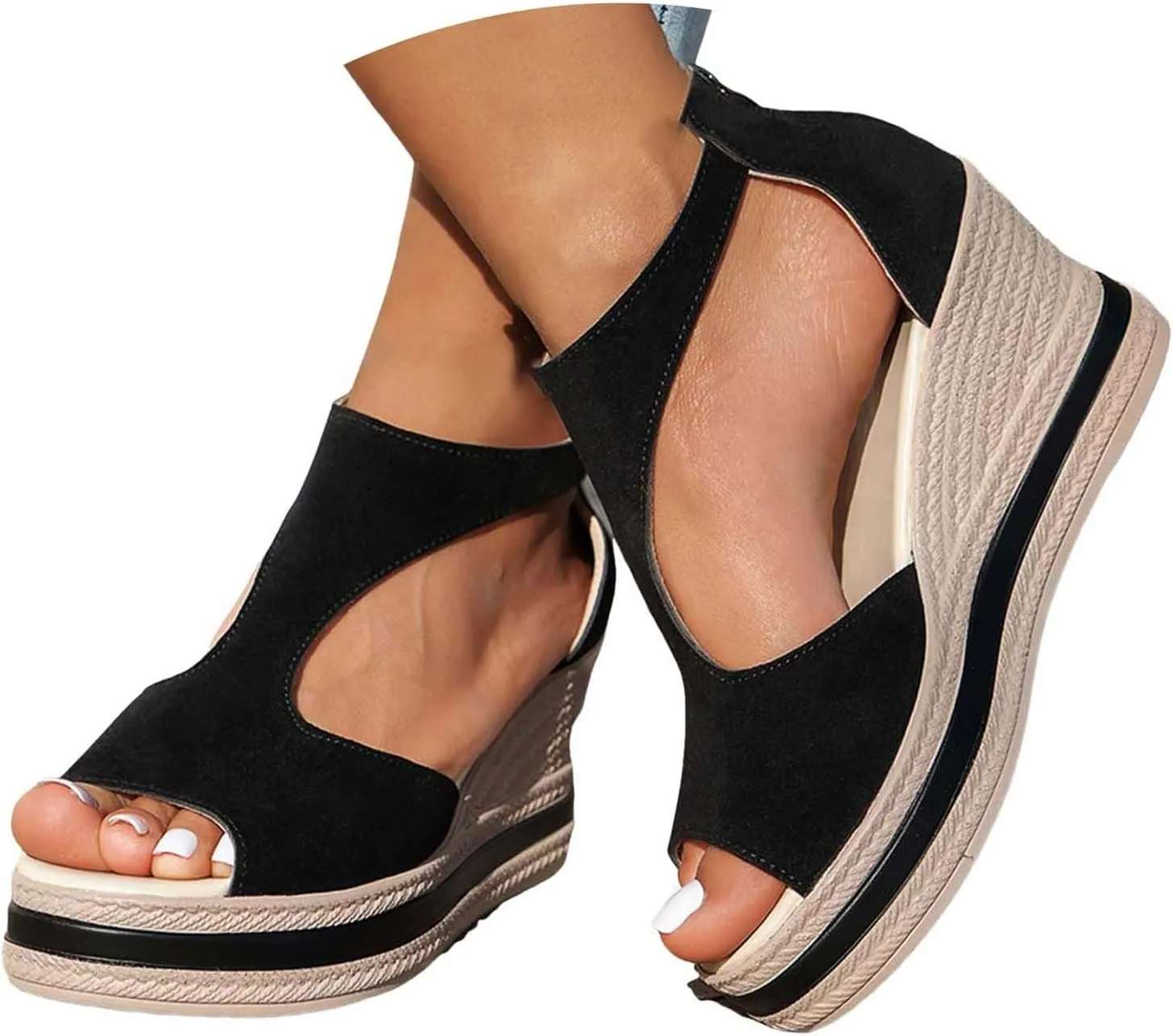 Espadrilles Woven Strap Platform Wedge Sandals for Women 2025 Bohemian Fish Mouth Hollow Out Back Zipper Summer Fashion Casual Sandals Non Slip Block Color Boho Walking Shoes