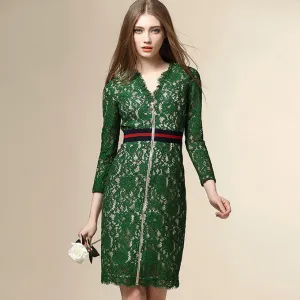 Fashion Runway Dress Women's Long Sleeve V-neck Front Zipper Green Lace Dress