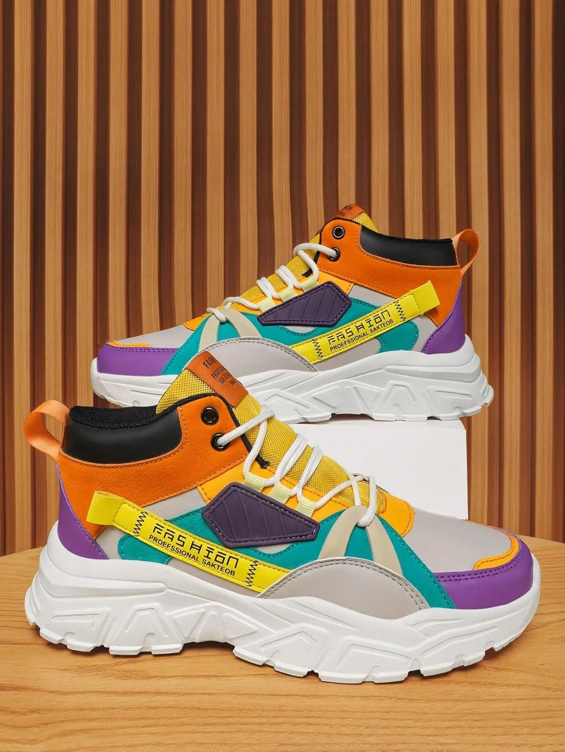 Faux Leather Colorblock Y2K High Top Sneakers with 2 Inch Platform Casual Streetwear Skate Shoes for Daily Wear Concert Travel Unique Unisex Chunky Style