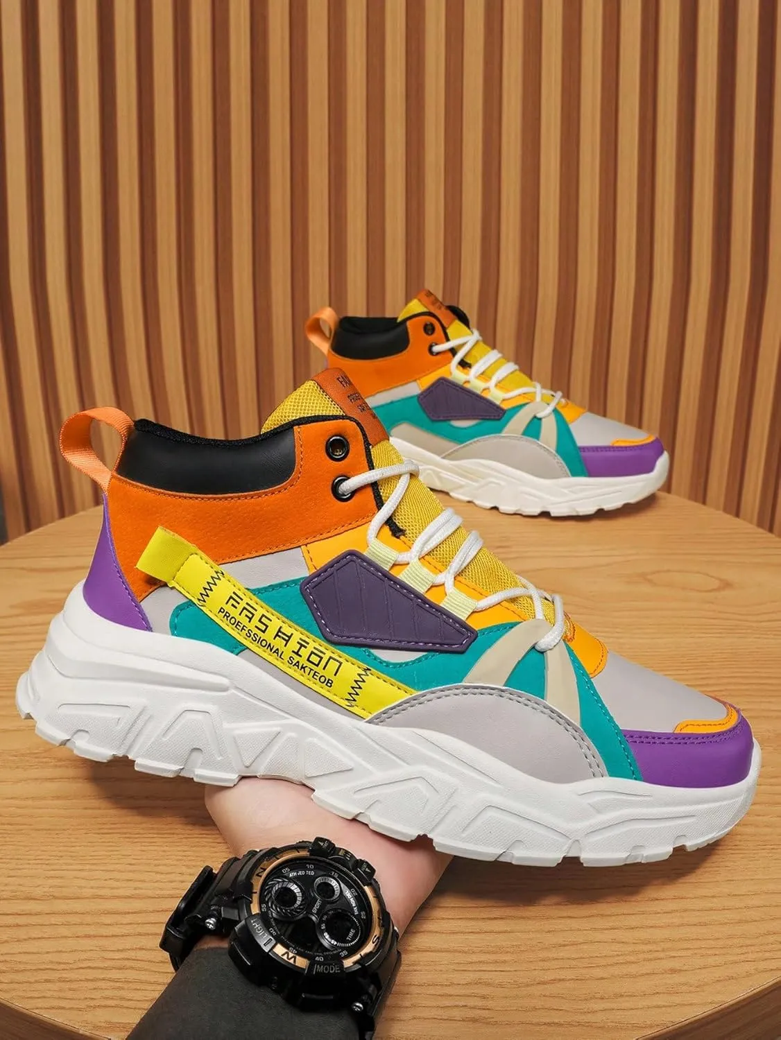 Faux Leather Colorblock Y2K High Top Sneakers with 2 Inch Platform Casual Streetwear Skate Shoes for Daily Wear Concert Travel Unique Unisex Chunky Style