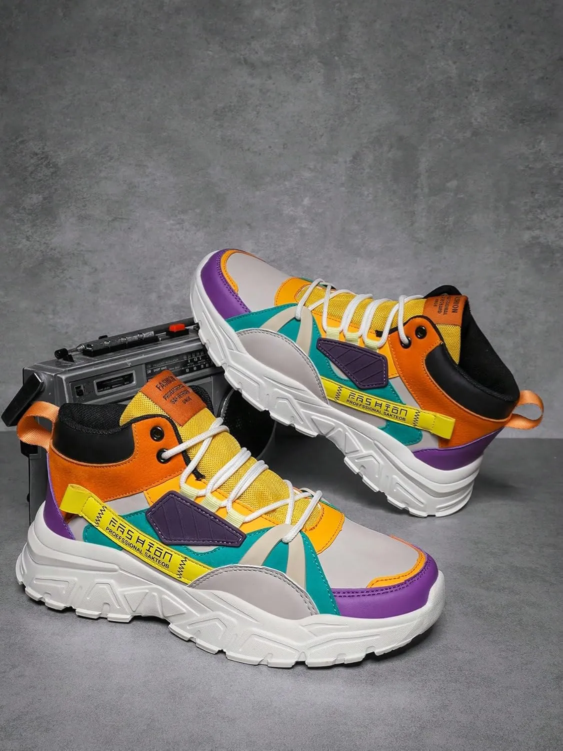 Faux Leather Colorblock Y2K High Top Sneakers with 2 Inch Platform Casual Streetwear Skate Shoes for Daily Wear Concert Travel Unique Unisex Chunky Style