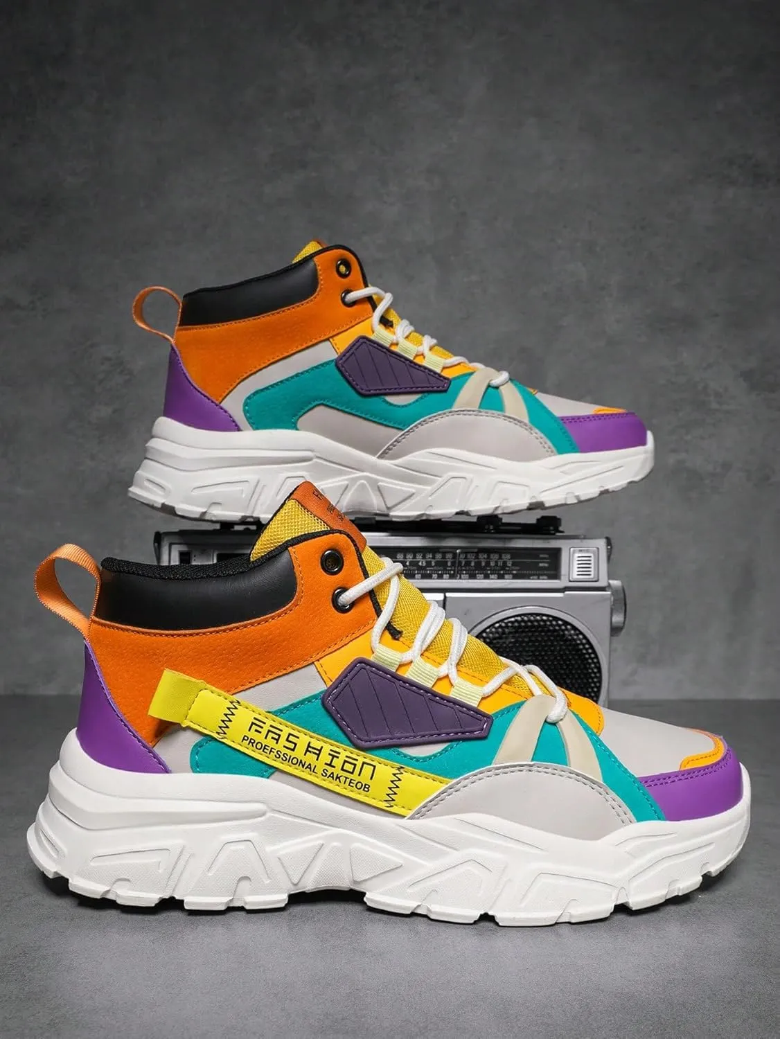 Faux Leather Colorblock Y2K High Top Sneakers with 2 Inch Platform Casual Streetwear Skate Shoes for Daily Wear Concert Travel Unique Unisex Chunky Style