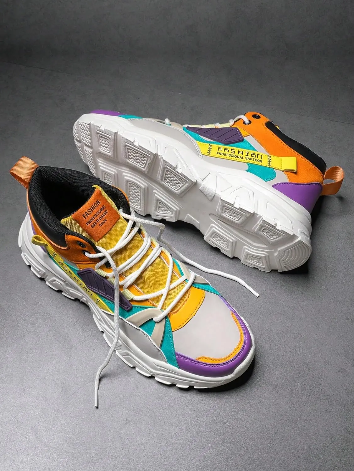Faux Leather Colorblock Y2K High Top Sneakers with 2 Inch Platform Casual Streetwear Skate Shoes for Daily Wear Concert Travel Unique Unisex Chunky Style
