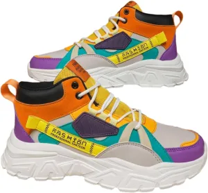 Faux Leather Colorblock Y2K High Top Sneakers with 2 Inch Platform Casual Streetwear Skate Shoes for Daily Wear Concert Travel Unique Unisex Chunky Style