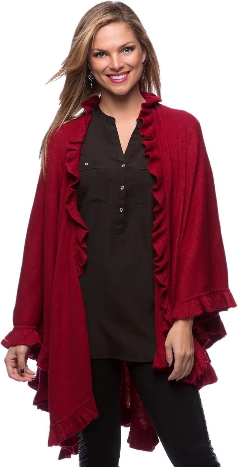 Fennco Styles Women's Ruffle Trim Knit Open Front Poncho Cape Shawl - Fall Wrap Jacket, Cozy and Stylish Layering Piece