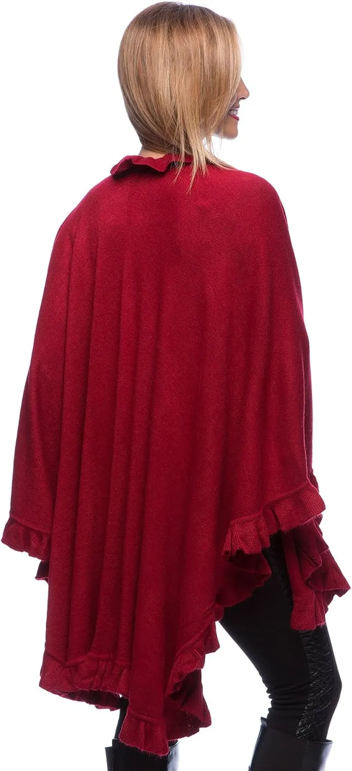 Fennco Styles Women's Ruffle Trim Knit Open Front Poncho Cape Shawl - Fall Wrap Jacket, Cozy and Stylish Layering Piece