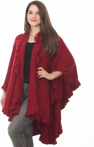Fennco Styles Women's Ruffle Trim Knit Open Front Poncho Cape Shawl - Fall Wrap Jacket, Cozy and Stylish Layering Piece