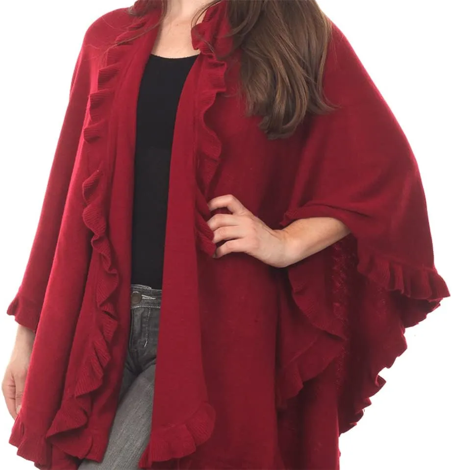 Fennco Styles Women's Ruffle Trim Knit Open Front Poncho Cape Shawl - Fall Wrap Jacket, Cozy and Stylish Layering Piece