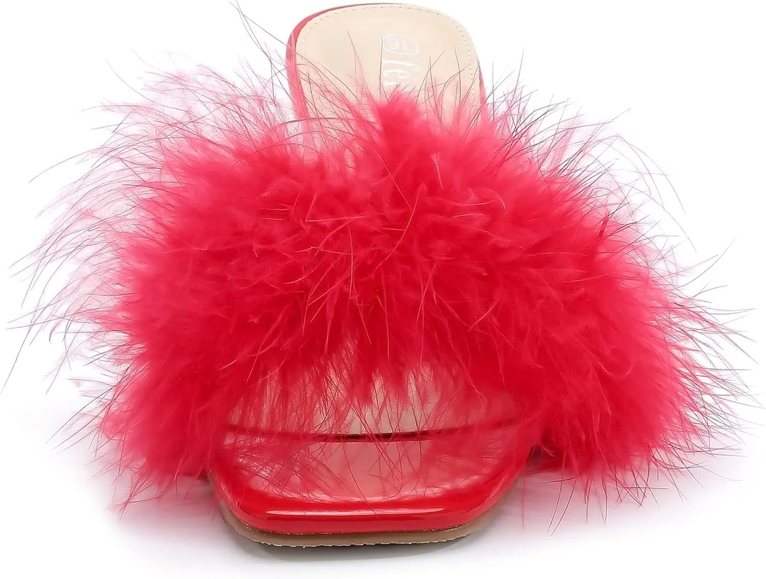 fereshte Women's Feather Heels Sandals Fluffy Fur Clear Strap Slip On Square Toe Kitten Mules