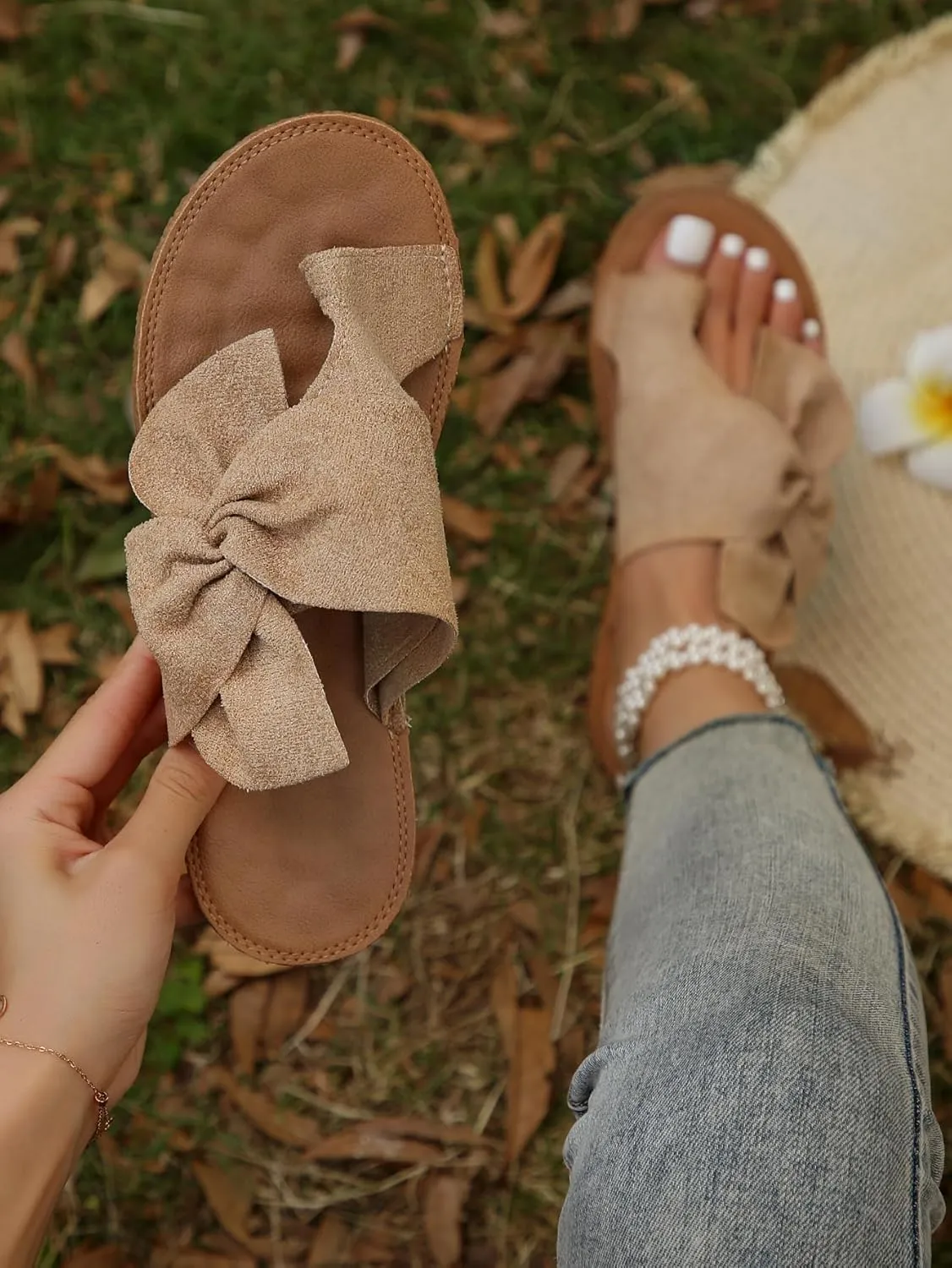 Floerns Women's Bowknot Summer Slip on Shoes Flat Thong Sandals Beach Sandals