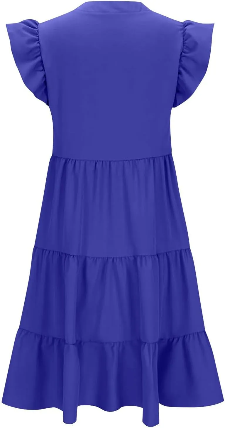Flowy Dresses for Women Casual Summer Ruffle Sleeve V Neck Midi Dress Tiered Swing Boho Beach Vacation 2025 Sundress