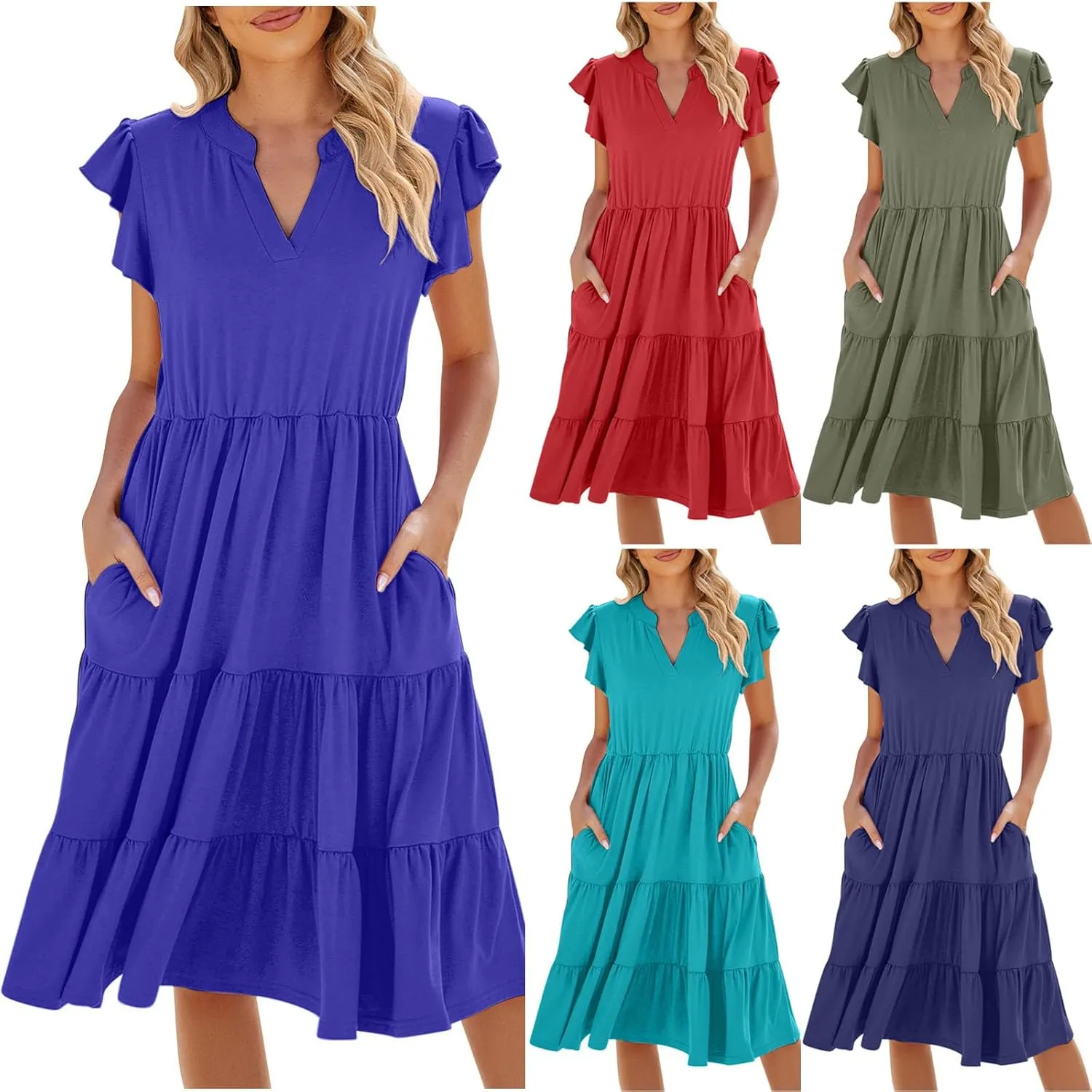 Flowy Dresses for Women Casual Summer Ruffle Sleeve V Neck Midi Dress Tiered Swing Boho Beach Vacation 2025 Sundress