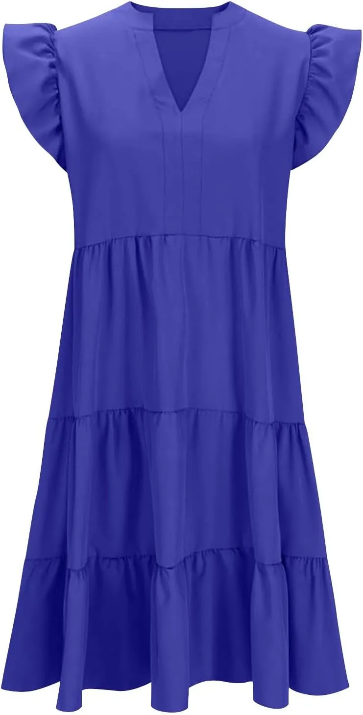 Flowy Dresses for Women Casual Summer Ruffle Sleeve V Neck Midi Dress Tiered Swing Boho Beach Vacation 2025 Sundress