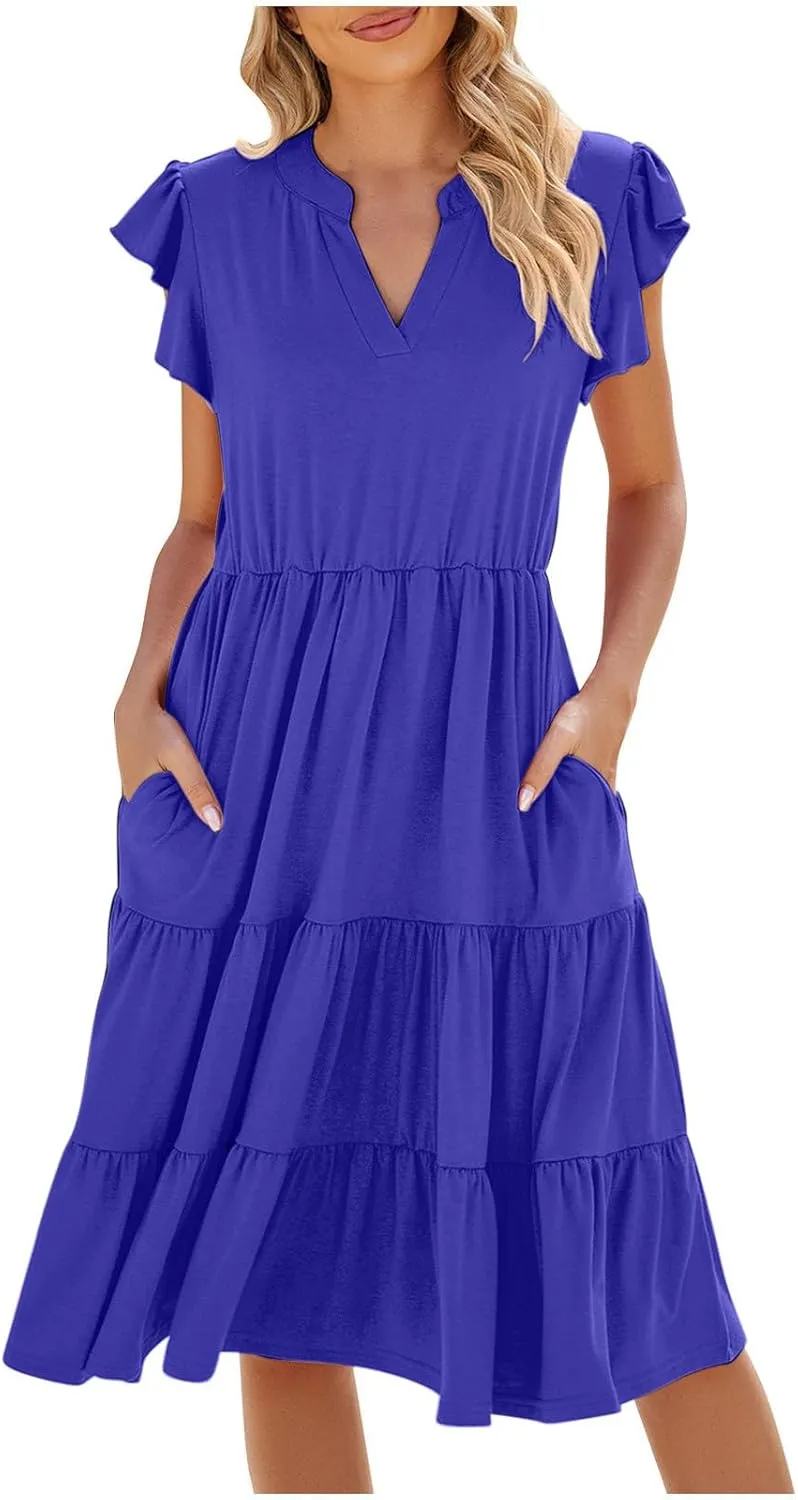 Flowy Dresses for Women Casual Summer Ruffle Sleeve V Neck Midi Dress Tiered Swing Boho Beach Vacation 2025 Sundress