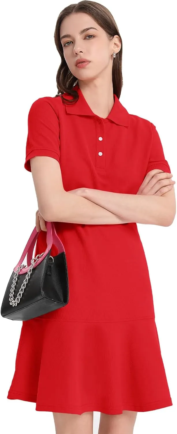 Flygo Womens Polo Dress Collared Short Sleeve Ruffle Golf Tennis T Shirt Sports Workout Mini Summer Dresses Tunic Pique