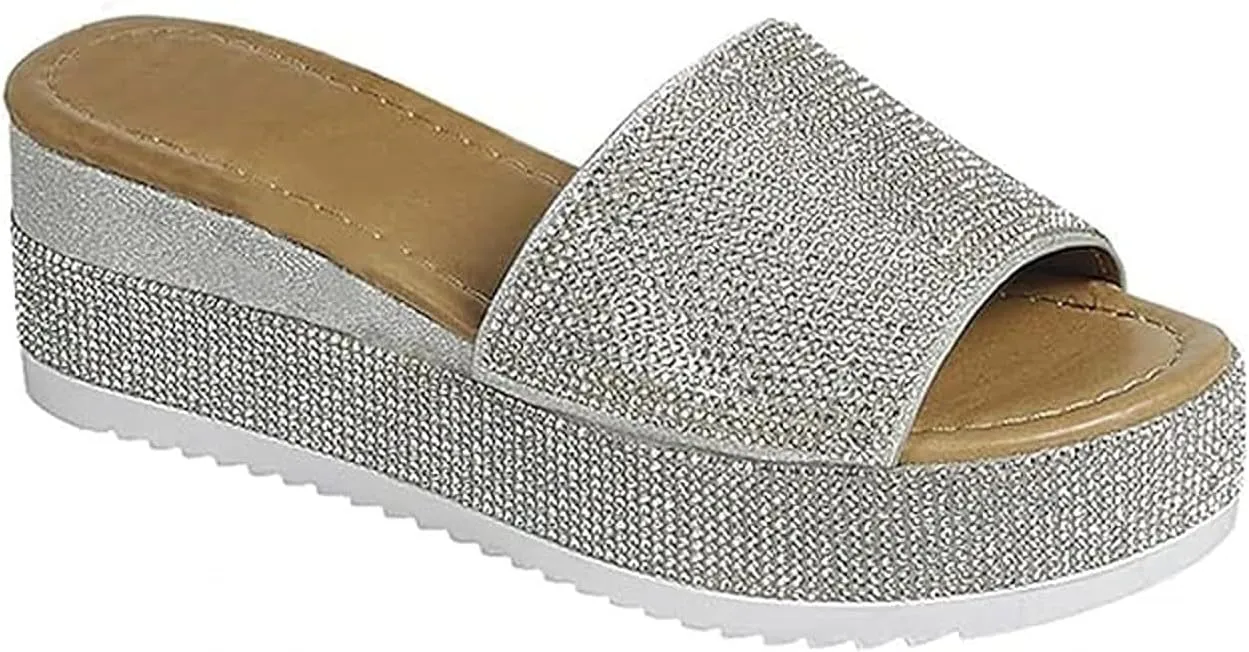 Forever Link Women Rhinestone Slip On Platform Sandals