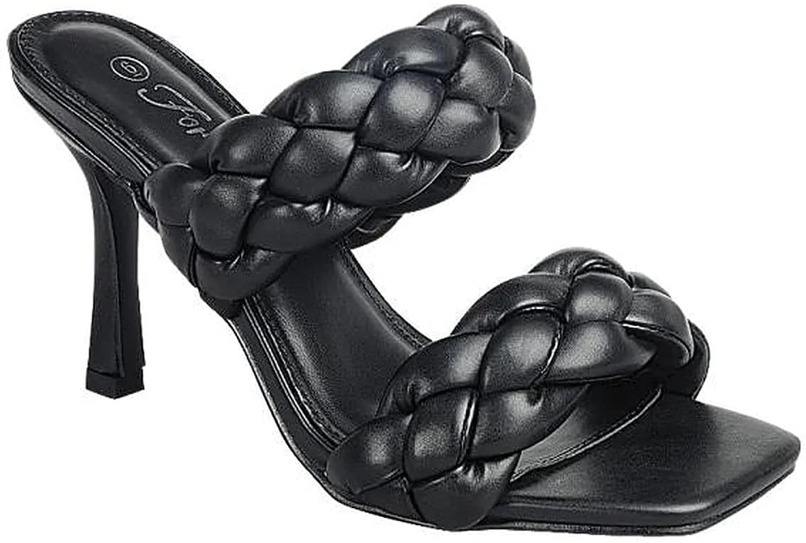 Forever Womens Square Open Toe Braided Heeled Mules Sandals Strappy Slip On Stiletto Heels