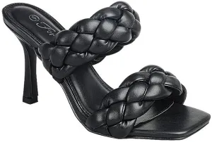 Forever Womens Square Open Toe Braided Heeled Mules Sandals Strappy Slip On Stiletto Heels