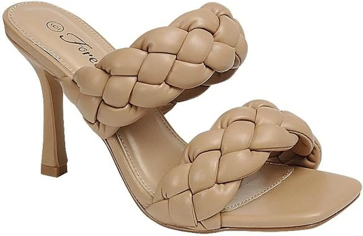 Forever Womens Square Open Toe Braided Heeled Mules Sandals Strappy Slip On Stiletto Heels
