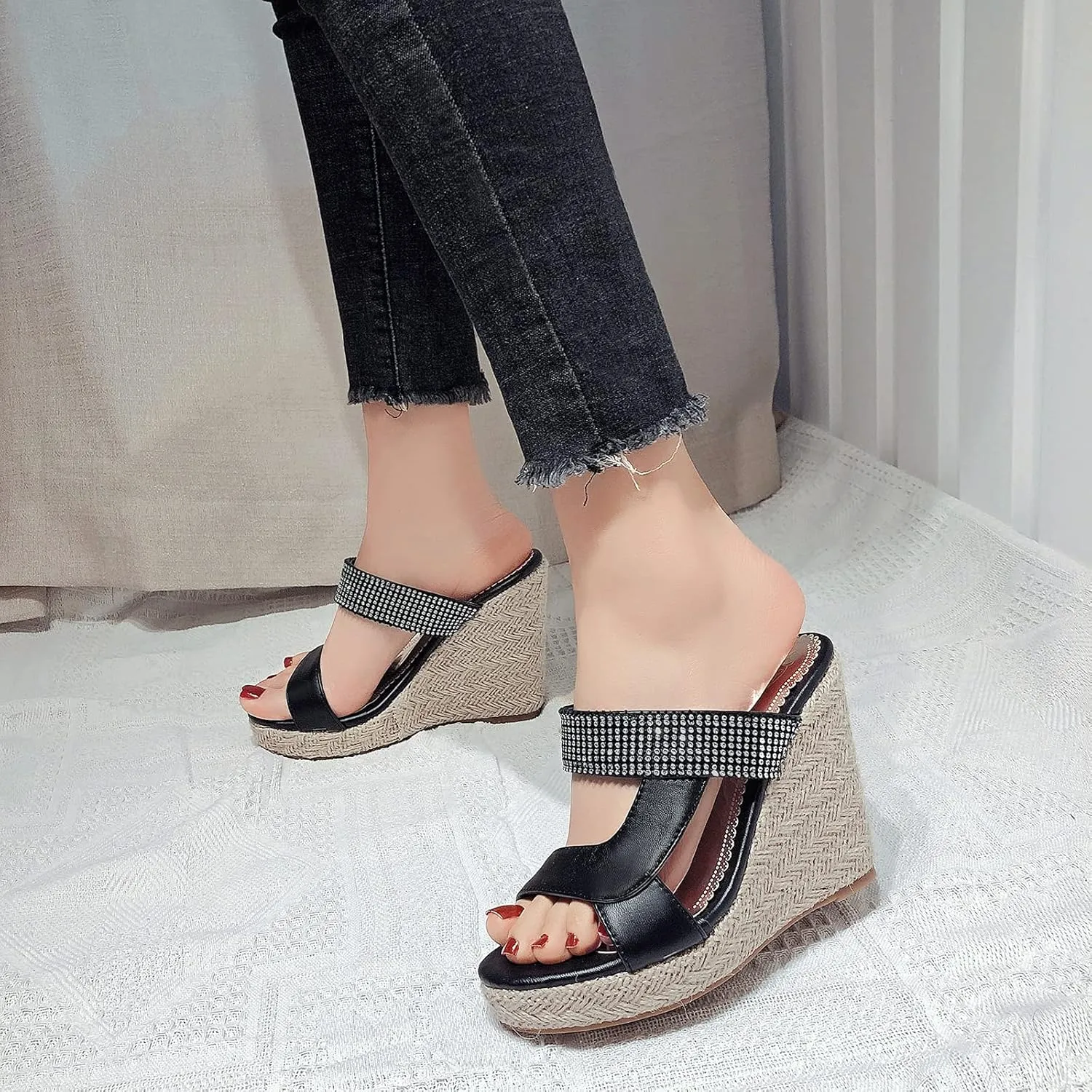 Gicoiz Espadrilles Platform Wedges Women Peep Toe Mule Slippers