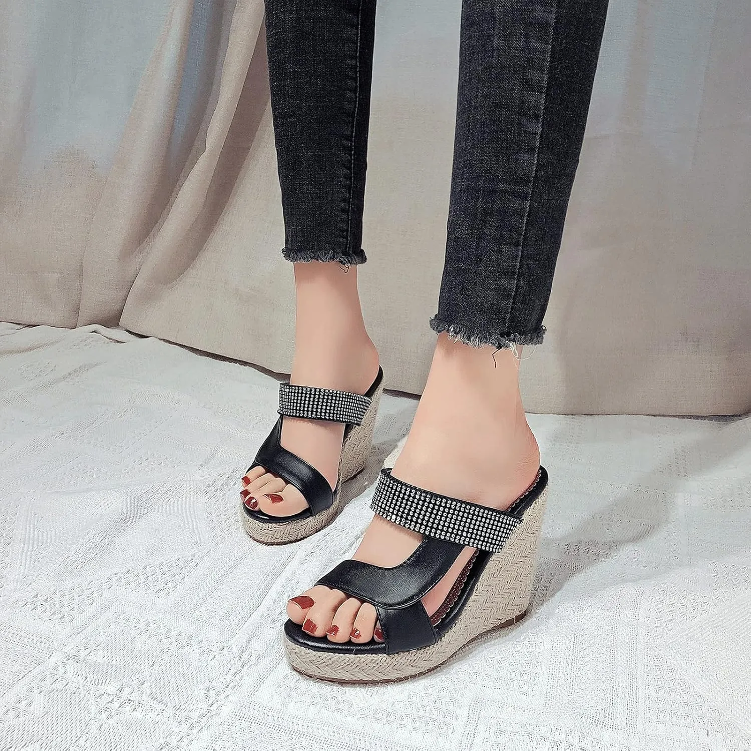 Gicoiz Espadrilles Platform Wedges Women Peep Toe Mule Slippers