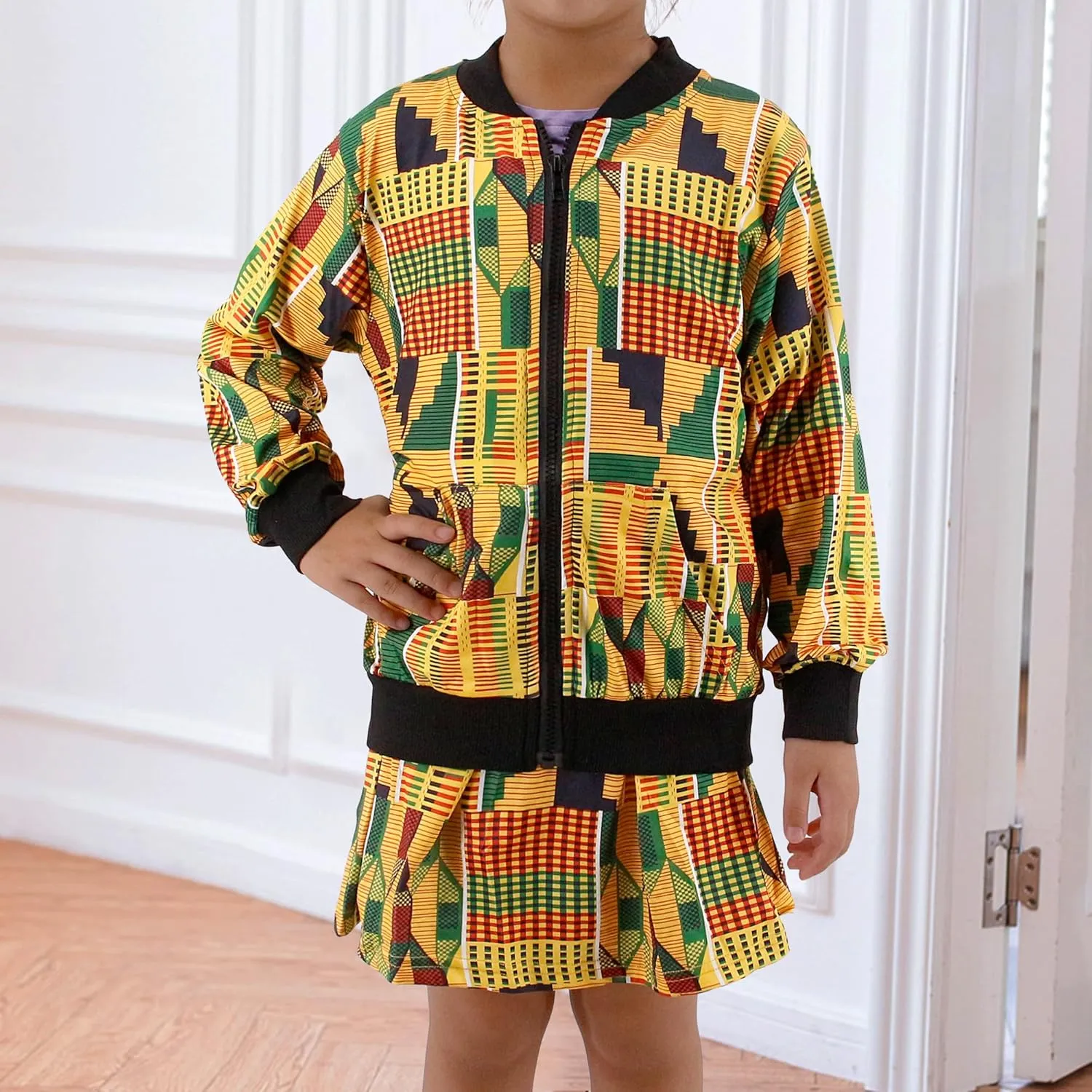 Giovacker Baby Girls Fall Winter African Style Coats 2Pcs Outfits Set Zipper Jacket and Skirt
