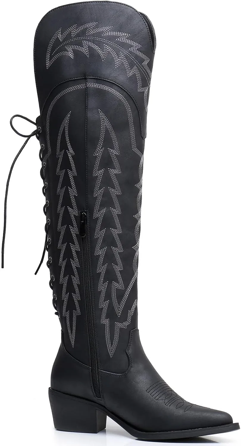 GLOBALWIN Women's Cowboy Western Fashion Over The Knee Thigh High Cowgirl Boots Low Heel