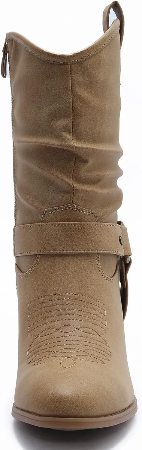 GLOBALWIN Women's Mid Calf The Western Cowgirl Boots Fashion Cowboy Boots For Women Chunky Low Heel