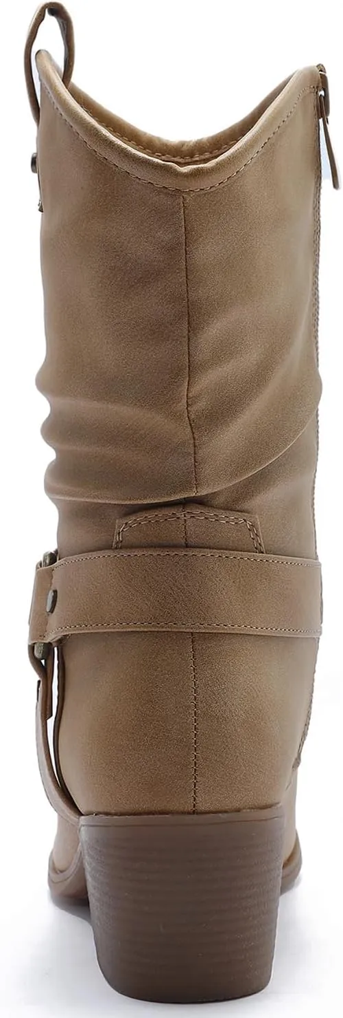 GLOBALWIN Women's Mid Calf The Western Cowgirl Boots Fashion Cowboy Boots For Women Chunky Low Heel