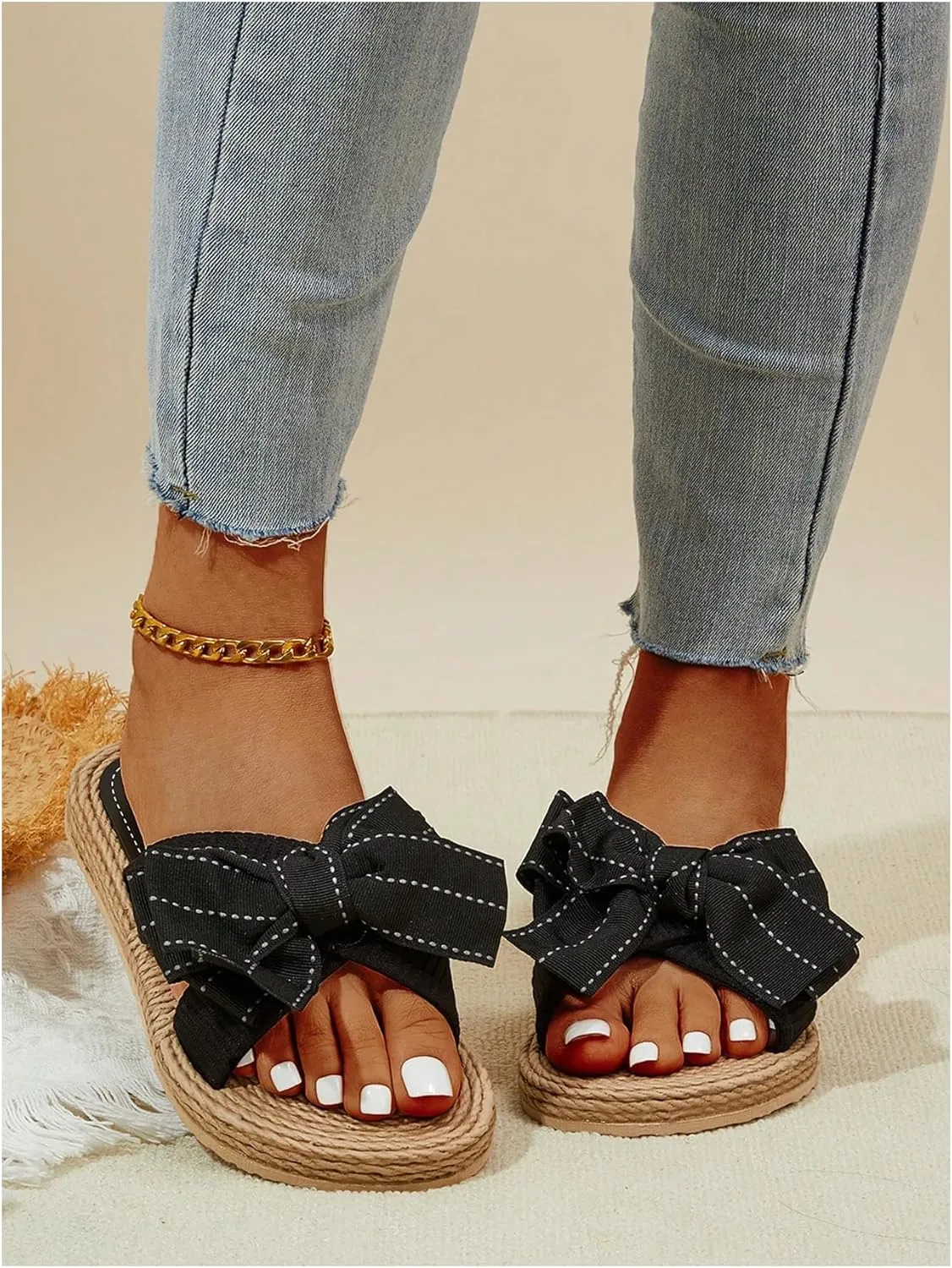 GORGLITTER Women's Bow Flat Sandals Open Toe Summer Comfort Slip on Slide Sandals