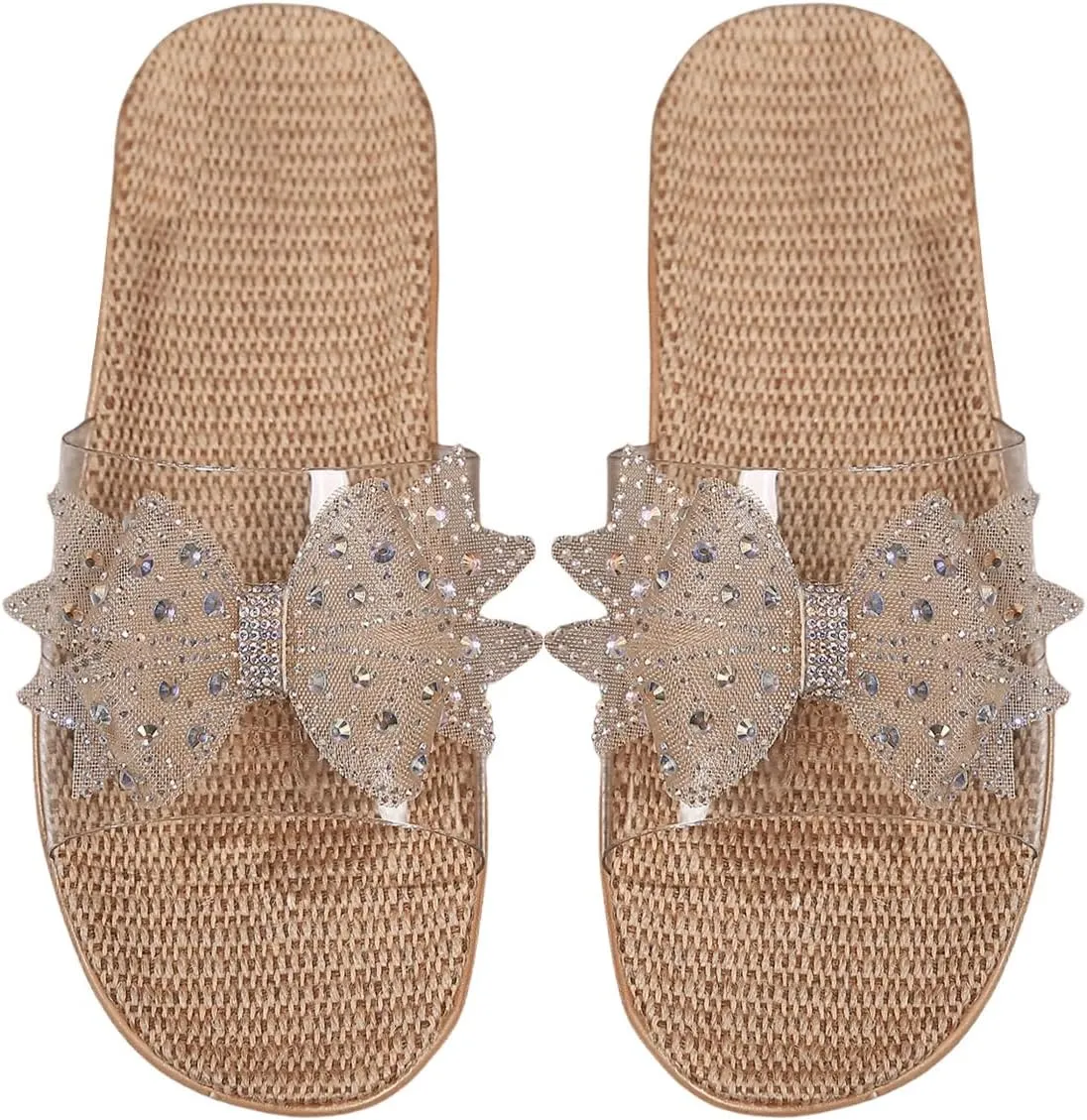 GORGLITTER Women's Clear Sandals Bow Rhinestone Open Toe Slip on Slides Summer Beach Sandals